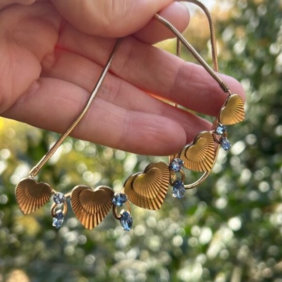 KREMENTZ 14K Rolled Gold Overlay Heart Blue Rhinestone Necklace Earrings SET - Picture 3 of 13